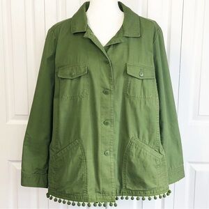 Talbots Olive Green Cotton Button Down Fringe Trim Utility Jacket 2X